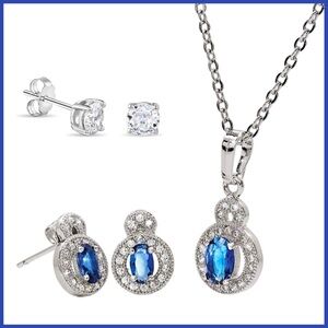 Stauer Sterling Silver Stud Earrings & Angel Eyes Sapphire Blue Necklace Set
